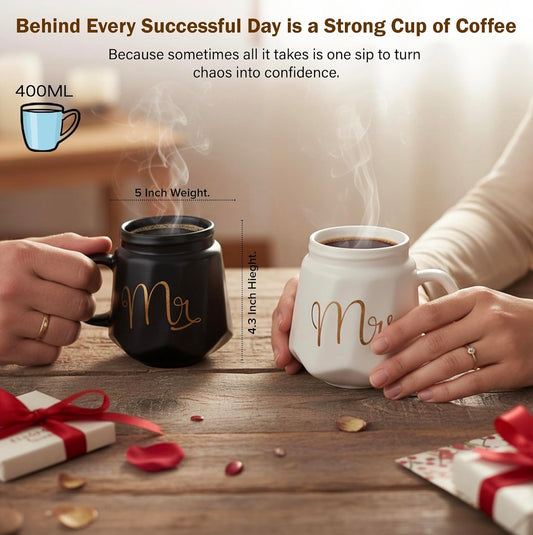 Mr & Mrs Coffee Mug Set with Lid | Black & White Ceramic Couple Mug Combo | Tea & Coffee Cups for Couples | Gift Set for Him & Her