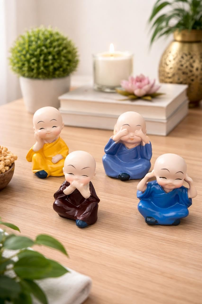 4 Little Monk Statue Set – Think, See, Speak & Hear No Evil | Cute Resin Figurines for Home, Office & Car Decor