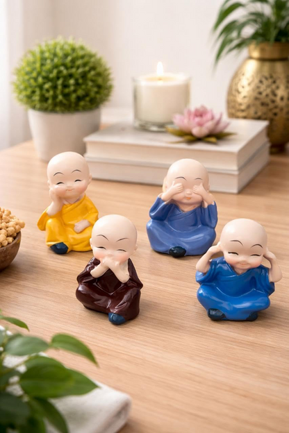 4 Little Monk Statue Set – Think, See, Speak & Hear No Evil | Cute Resin Figurines for Home, Office & Car Decor