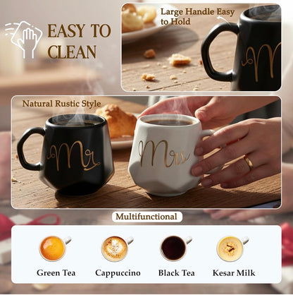 Mr & Mrs Coffee Mug Set with Lid | Black & White Ceramic Couple Mug Combo | Tea & Coffee Cups for Couples | Gift Set for Him & Her