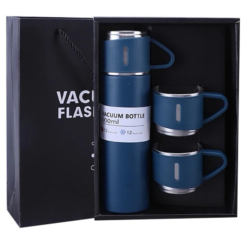 Navy vacuum flask gift set with two cups in an open black box