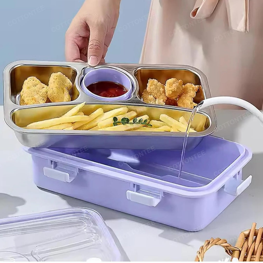 Stainless Steel Bento Lunch Box with Sauce Bowl Leak-Proof 4 Compartment Airtight Tiffin Box