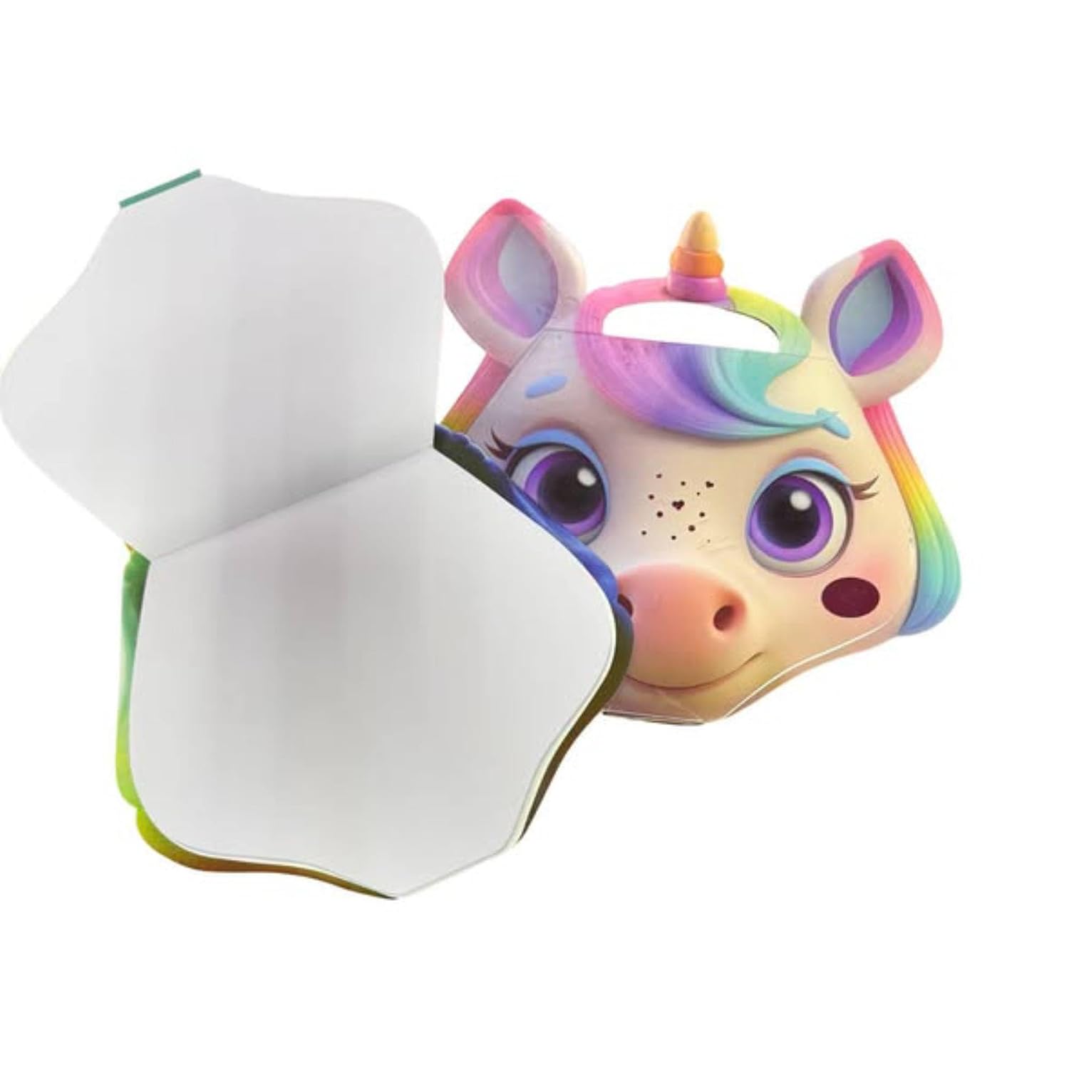 Unicorn face drawing book partly folded open showing blank pages