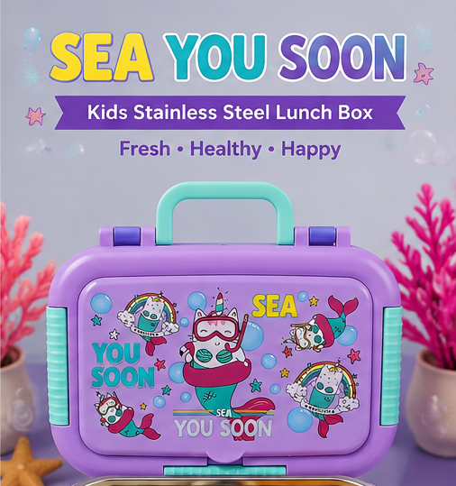 Purple mermaid print kids lunch box with Sea You Soon slogan