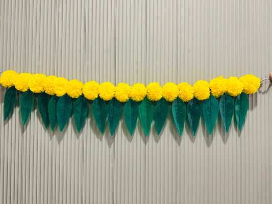 Toran Fabric Reusable Flowers Hanging Garlands with Mango Leaf (Yellow with Leaf)