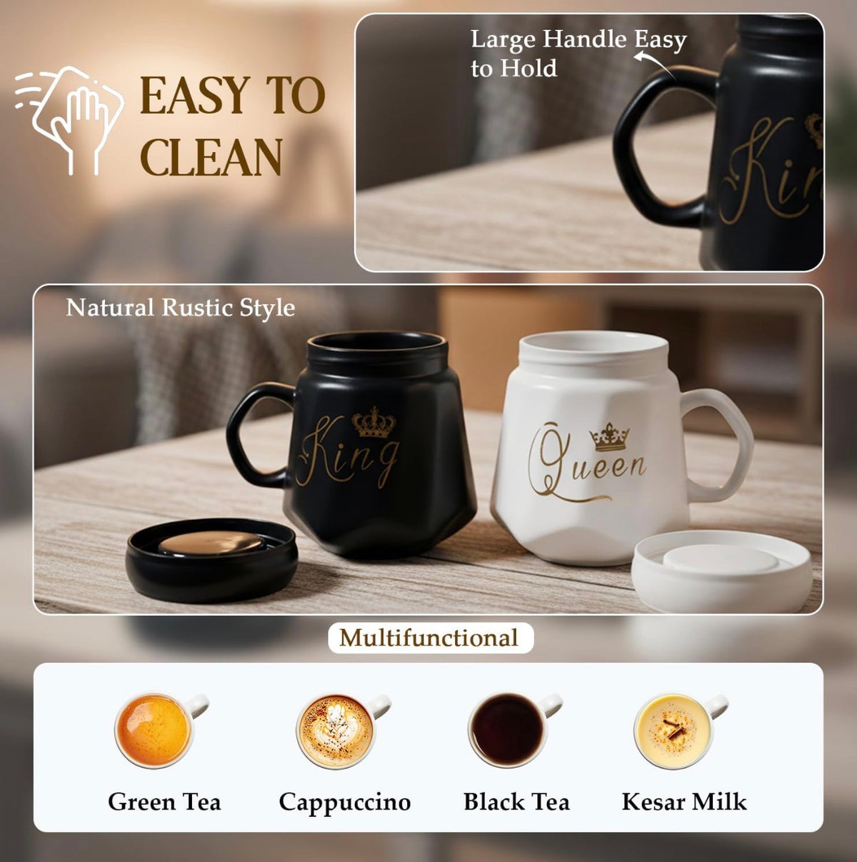 King & Queen Coffee Mug Set with Lid | Black & White Ceramic Couple Mug Combo | Royal Tea & Coffee Cups for Him & Her | Gift Set for Couples