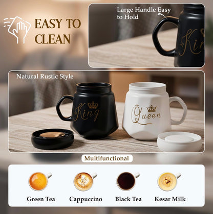 King & Queen Coffee Mug Set with Lid | Black & White Ceramic Couple Mug Combo | Royal Tea & Coffee Cups for Him & Her | Gift Set for Couples