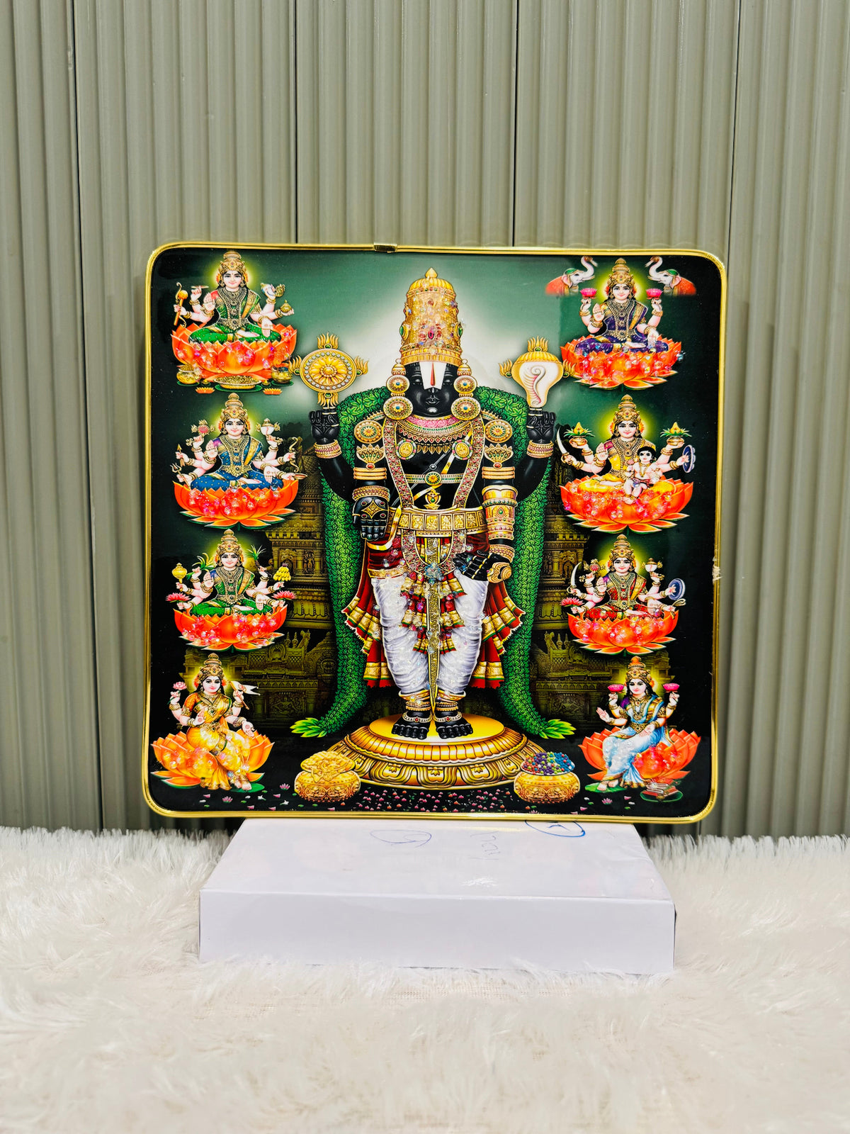 Square crystal embedded Tirupati Balaji wall painting in a golden frame