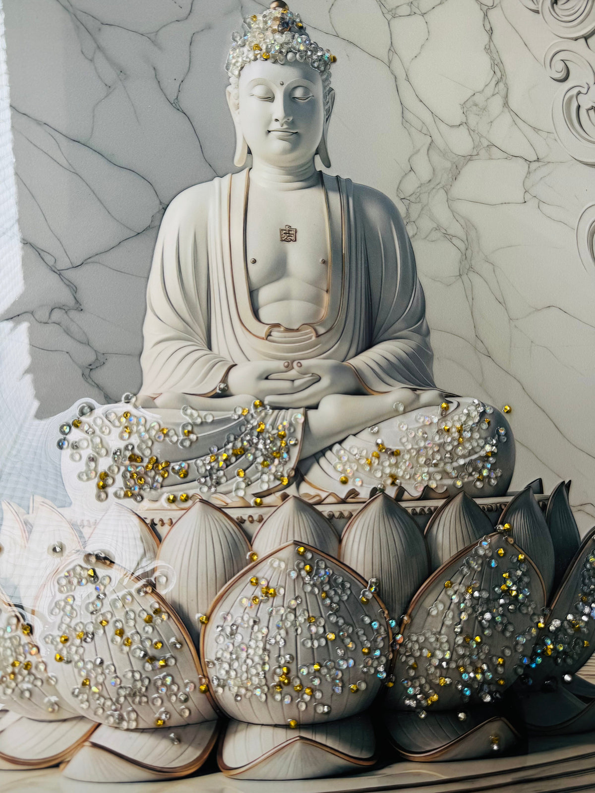 Marble style Buddha on lotus wall painting with crystal detailing