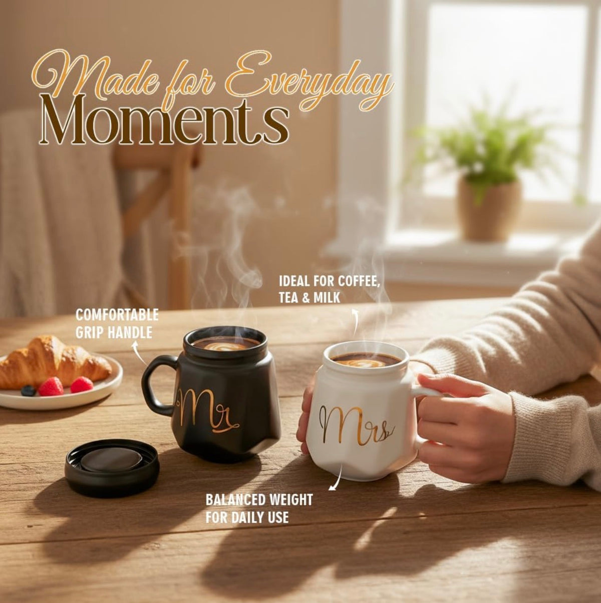 Mr & Mrs Coffee Mug Set with Lid | Black & White Ceramic Couple Mug Combo | Tea & Coffee Cups for Couples | Gift Set for Him & Her