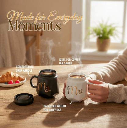 Mr & Mrs Coffee Mug Set with Lid | Black & White Ceramic Couple Mug Combo | Tea & Coffee Cups for Couples | Gift Set for Him & Her