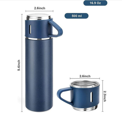 Navy flask and cup shown with dimensions and 500ml capacity