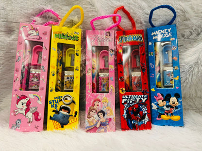 Row of character print stationery gift packs with carry cords