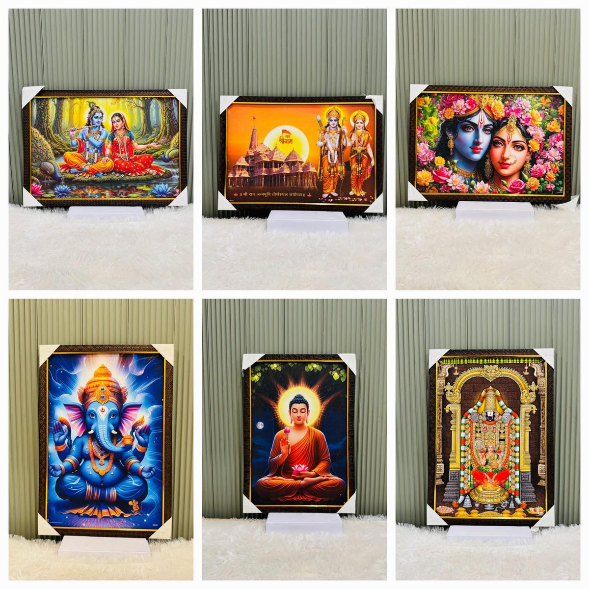 Collage of golden framed devotional wall paintings on small display stands