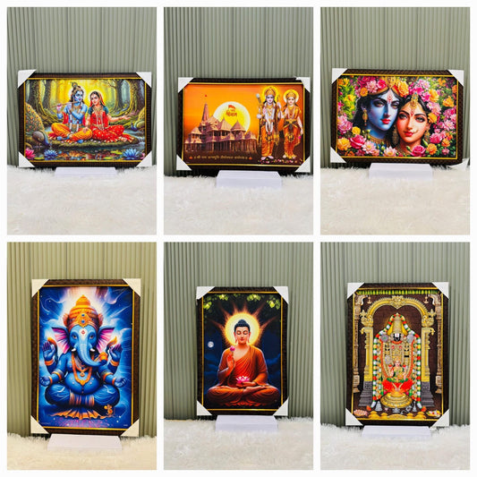 Collage of golden framed devotional wall paintings on small display stands