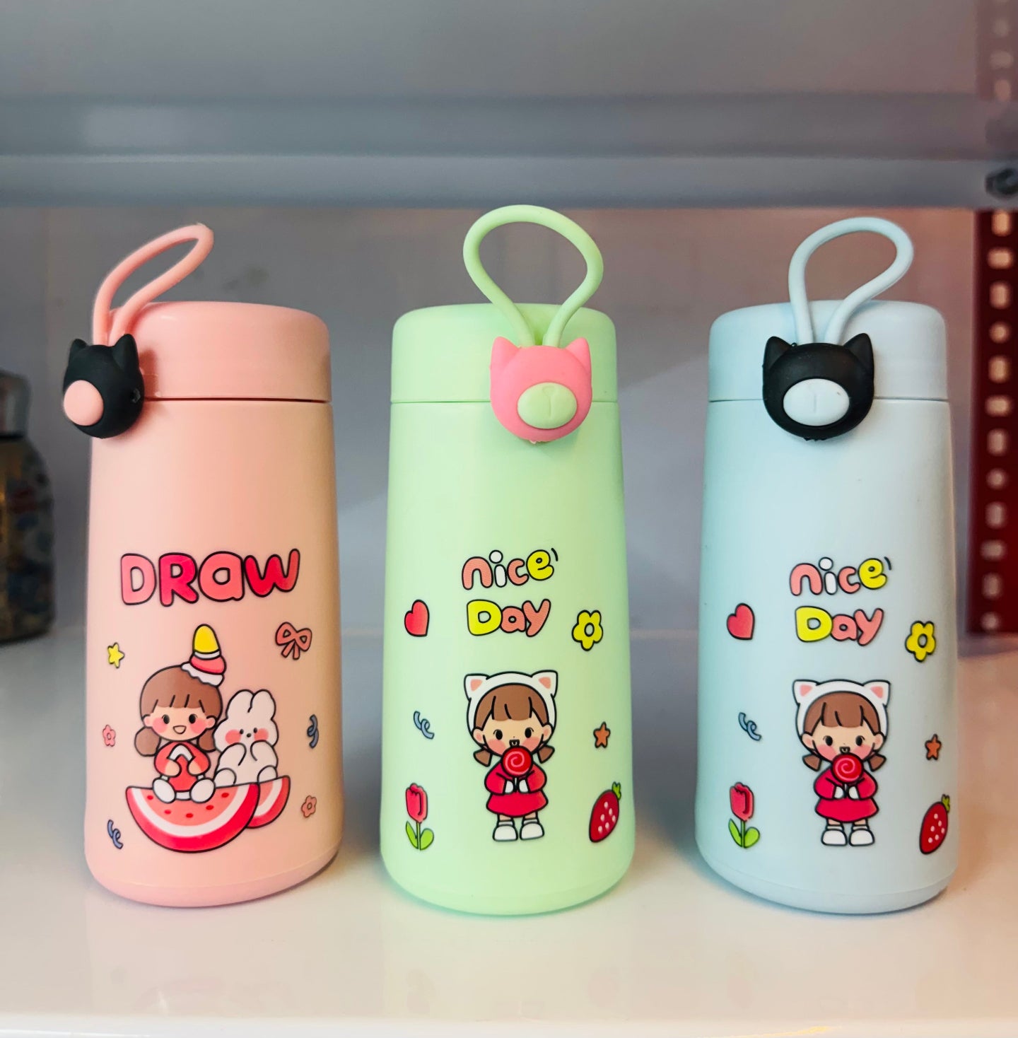 Cute Cartoon Glass Water Bottle with Cat Handle 300ml | Glass inside and Strong Plastic outside