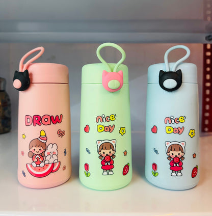 Cute Cartoon Glass Water Bottle with Cat Handle 300ml | Glass inside and Strong Plastic outside