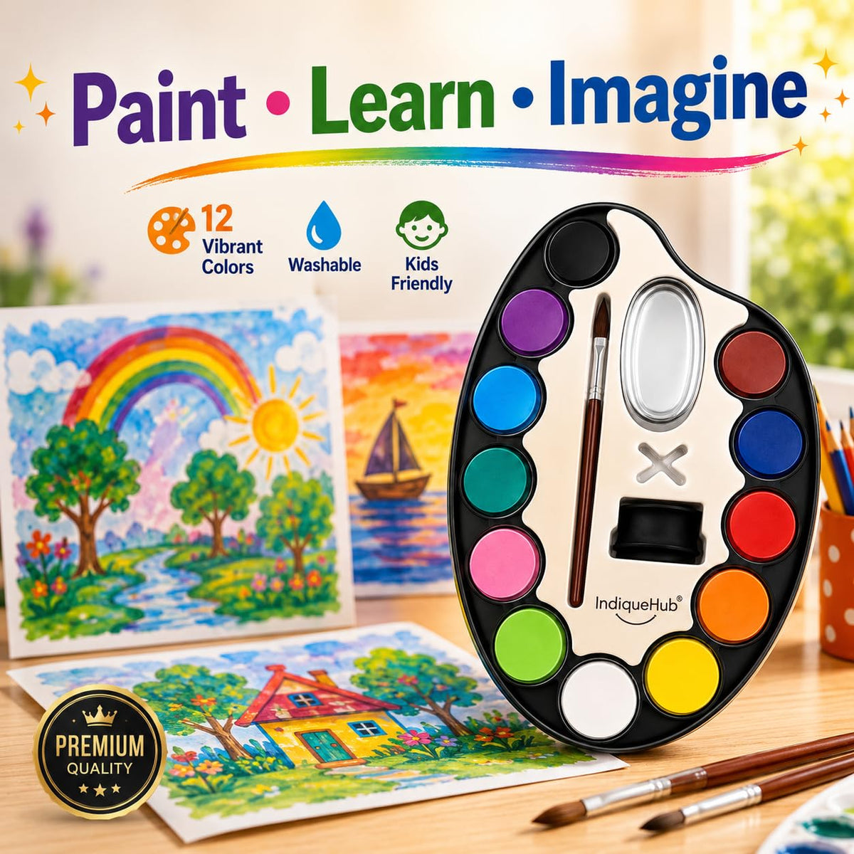 Oval watercolour palette beside finished kids paintings and a brush