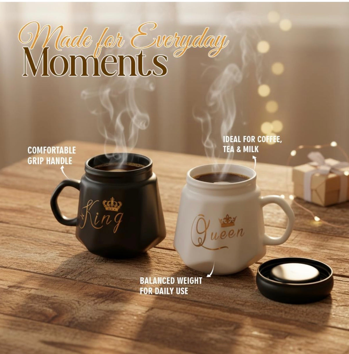 King & Queen Coffee Mug Set with Lid | Black & White Ceramic Couple Mug Combo | Royal Tea & Coffee Cups for Him & Her | Gift Set for Couples