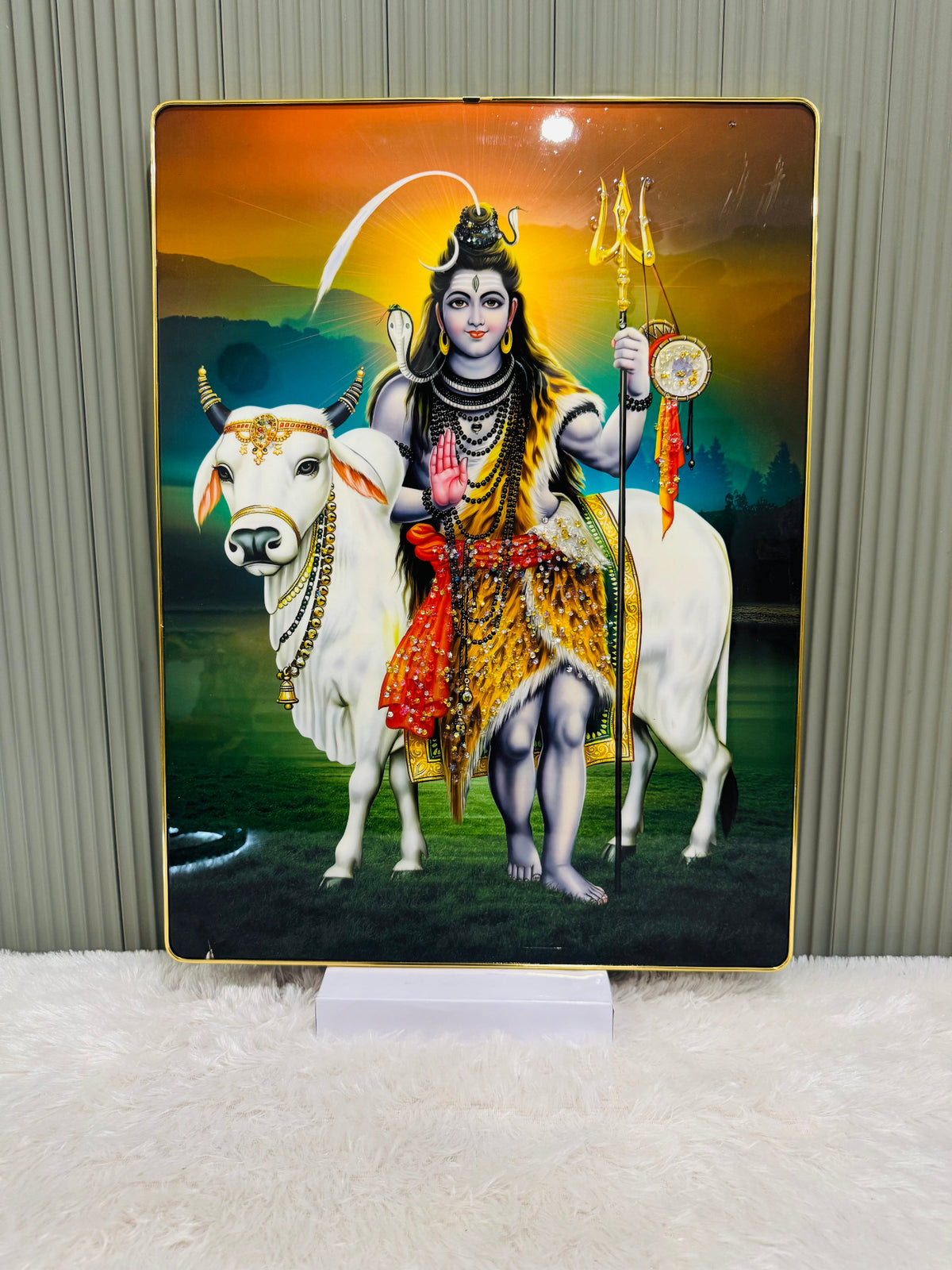 Crystal embedded Shiva on Nandi bull wall painting on a display stand