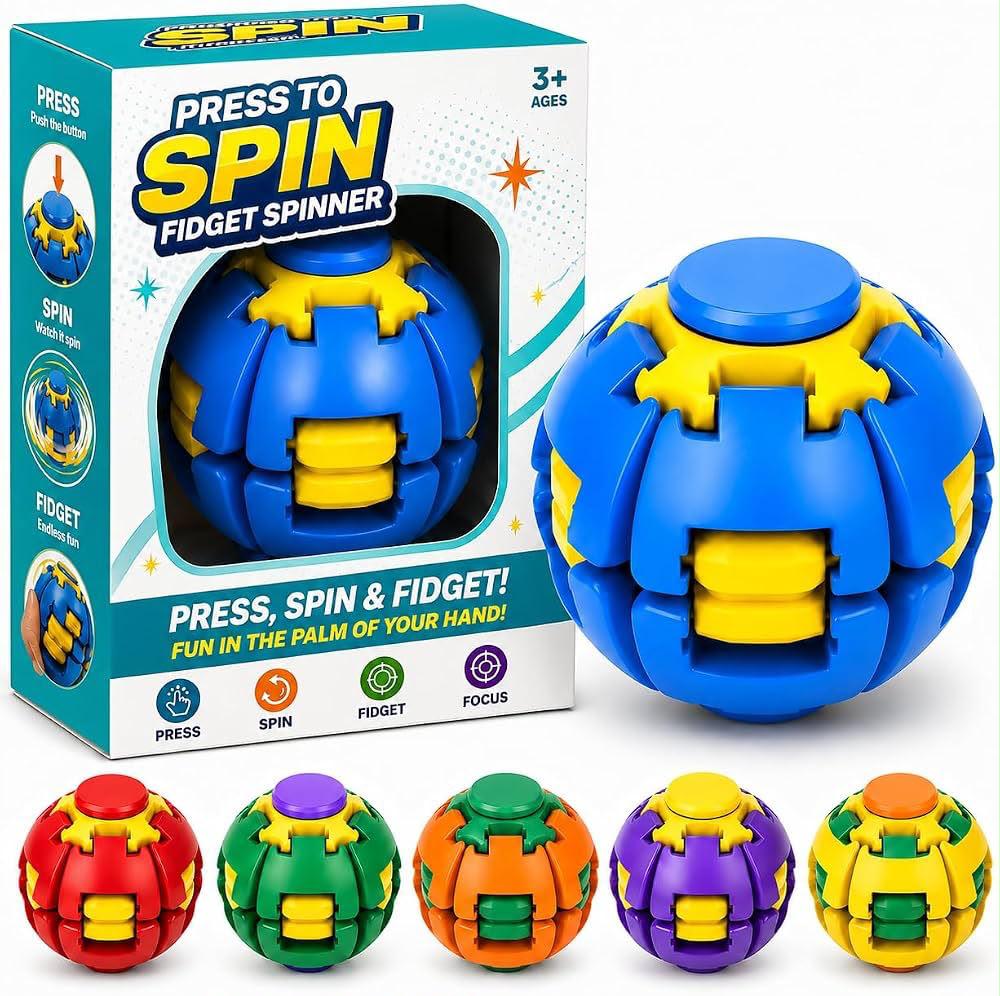 Press to Spin Hand Spinner Stress Ball – Sensory Fidget Toy | Press & Spin Stress Relief Toy for Kids & Adults | Fun Handheld Fidget Gadget