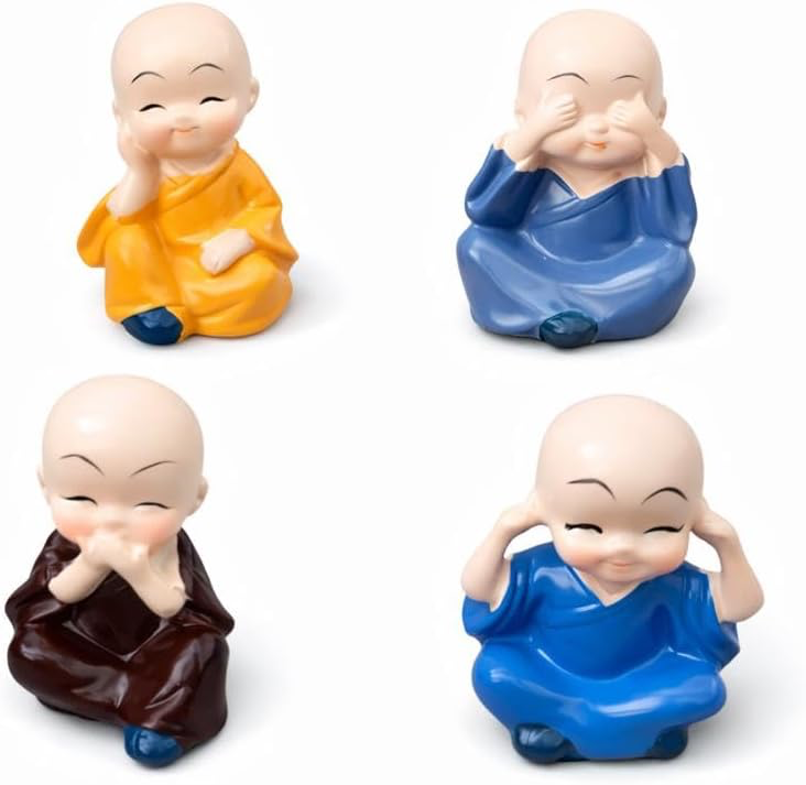 4 Little Monk Statue Set – Think, See, Speak & Hear No Evil | Cute Resin Figurines for Home, Office & Car Decor