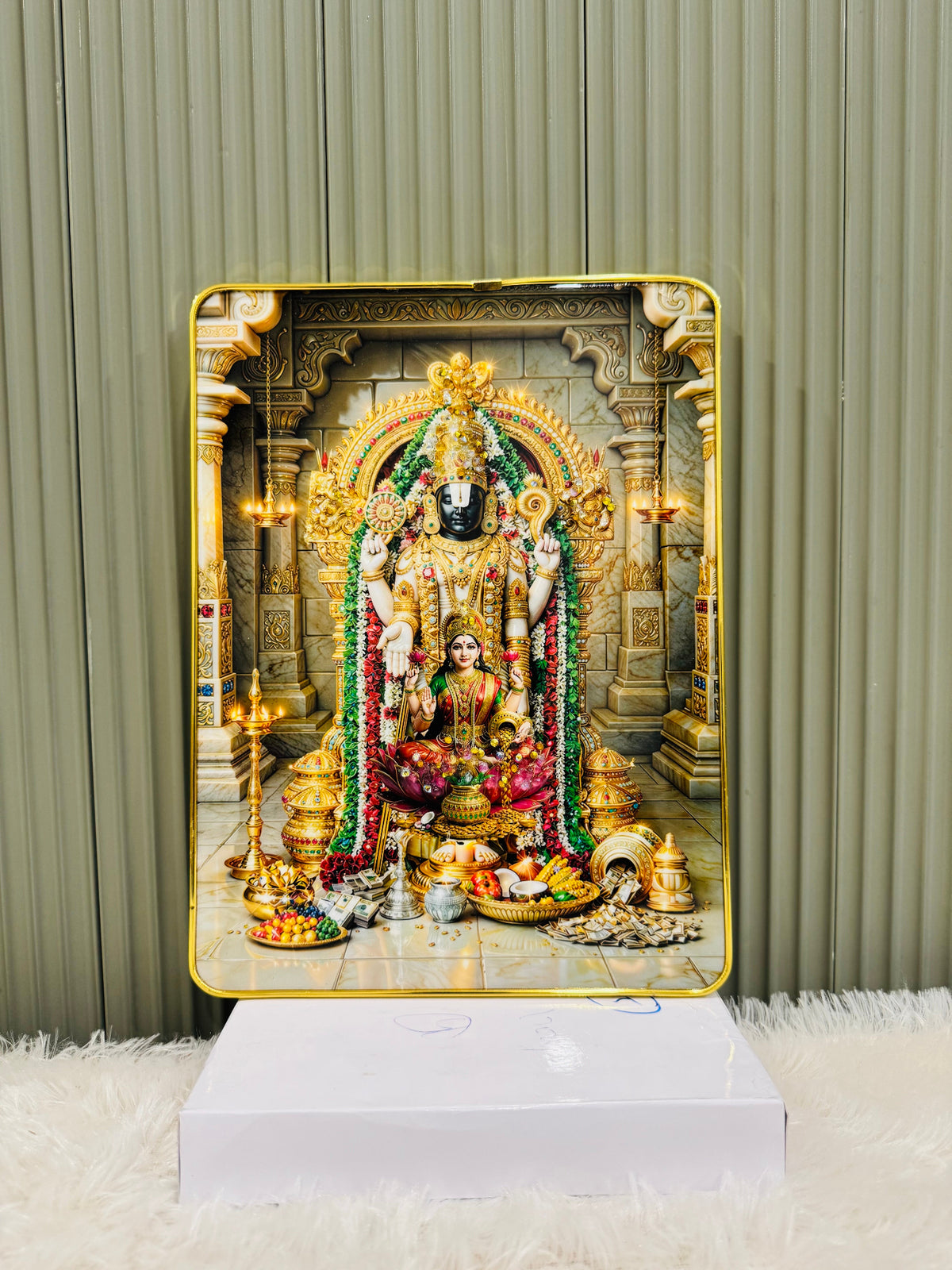 Crystal embedded Tirupati Balaji wall painting in a golden slim frame