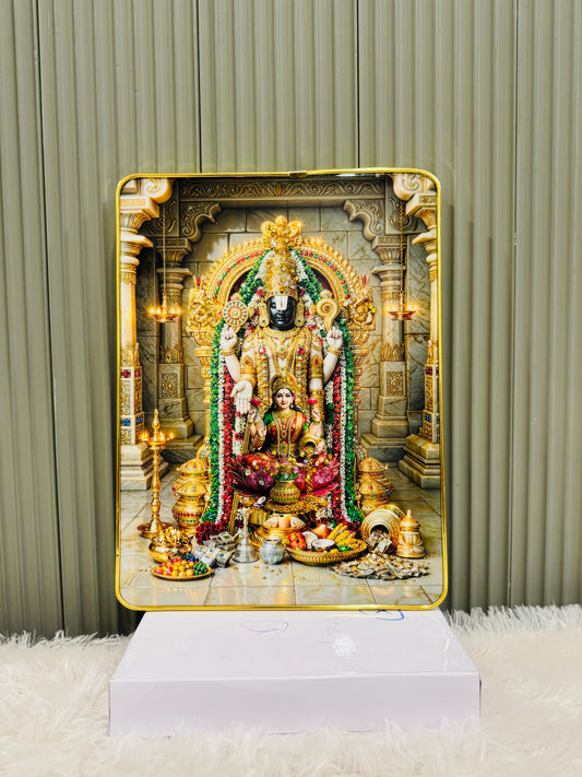Crystal embedded Tirupati Balaji wall painting in a golden slim frame