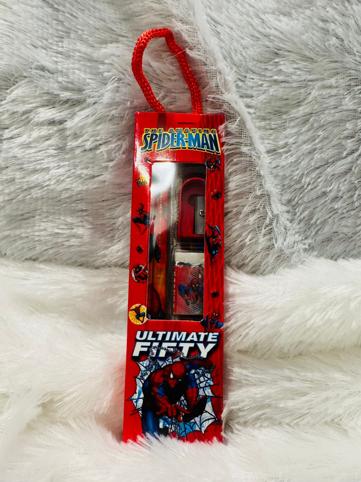 Red superhero print stationery gift pack in a hanging box
