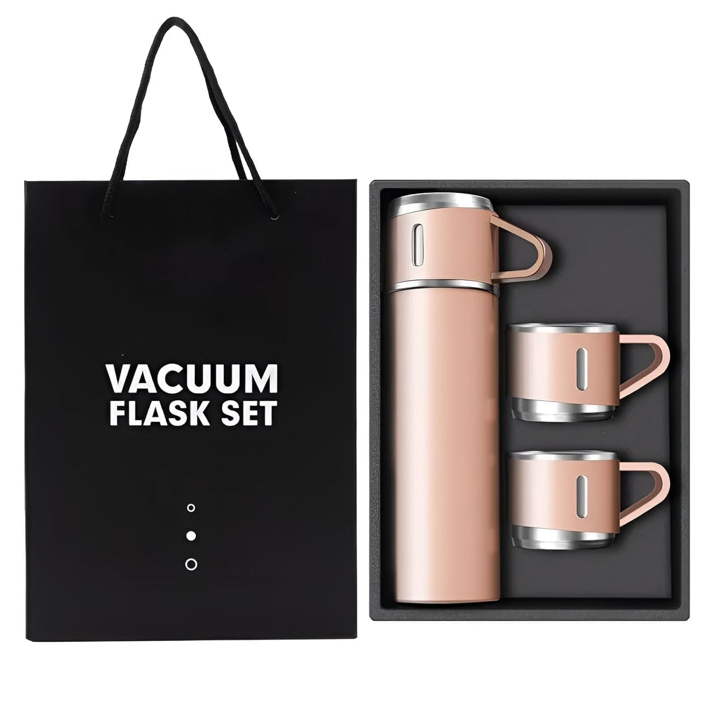 Rose gold vacuum flask gift set with two cups and carrier bag