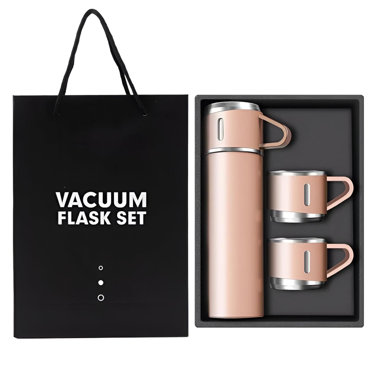 Rose gold vacuum flask gift set with two cups and carrier bag