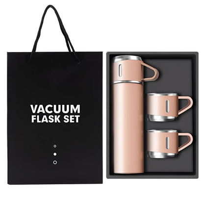 Rose gold vacuum flask gift set with two cups and carrier bag