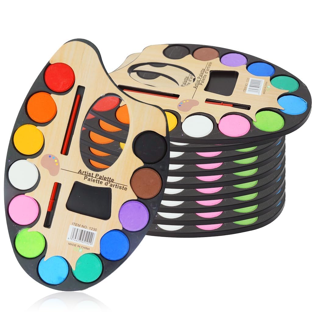Stacked oval watercolour palettes fanned out showing bright colour pans