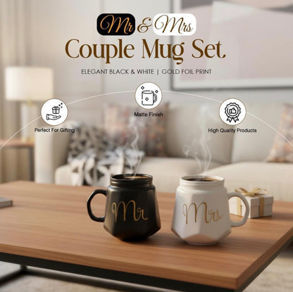 Mr & Mrs Coffee Mug Set with Lid | Black & White Ceramic Couple Mug Combo | Tea & Coffee Cups for Couples | Gift Set for Him & Her