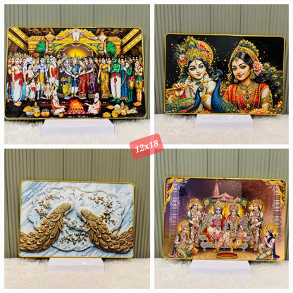 Collage of crystal embedded devotional wall paintings in golden slim frames