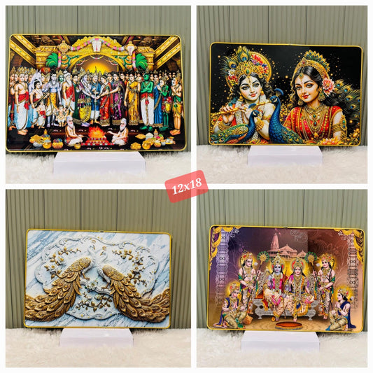 Collage of crystal embedded devotional wall paintings in golden slim frames