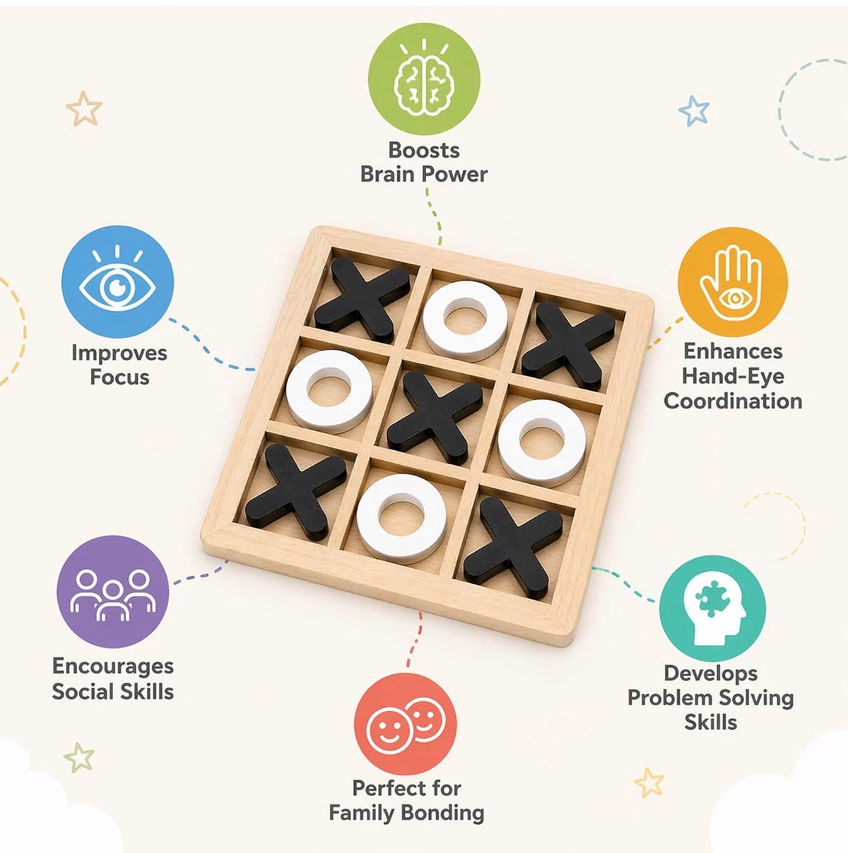 Wooden Tic Tac Toe Game for Kids & Adults – Classic Board Game - Multicolour
