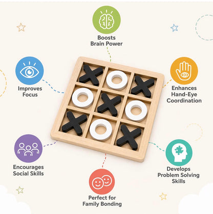 Wooden Tic Tac Toe Game for Kids & Adults – Classic Board Game - Multicolour