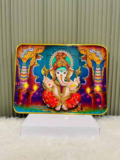 Crystal embedded Ganesha wall painting with temple arch in a golden frame