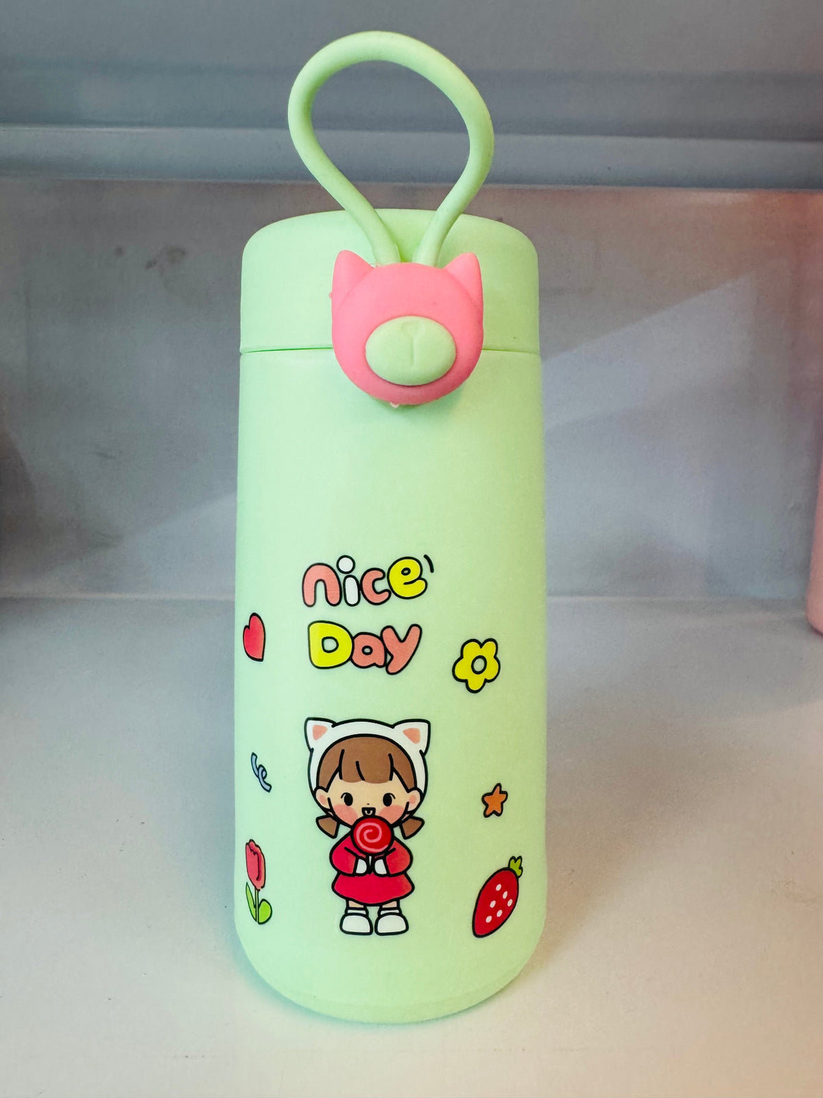 Cute Cartoon Glass Water Bottle with Cat Handle 300ml | Glass inside and Strong Plastic outside
