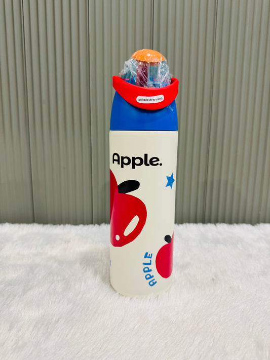 Cream 700ml bottle with red apple print and blue flip straw lid