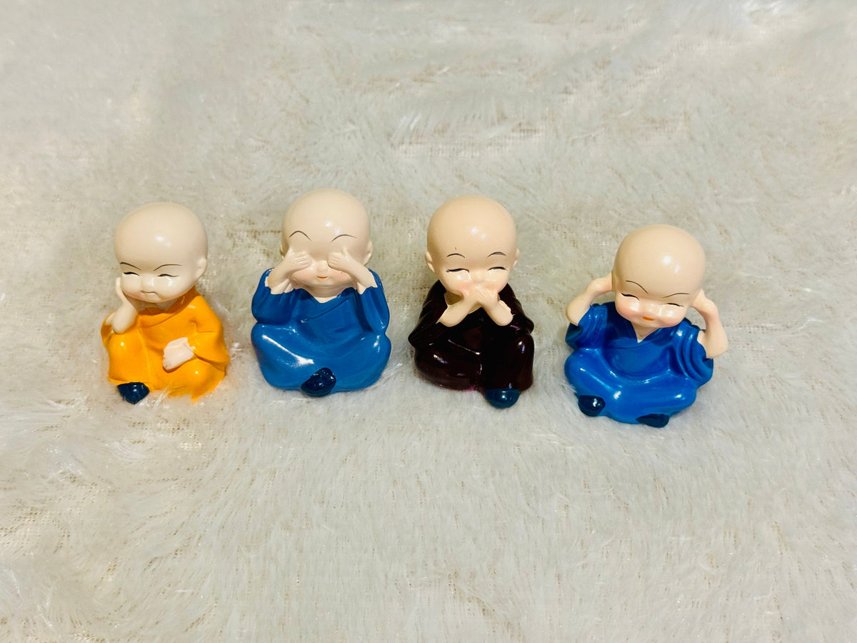 4 Little Monk Statue Set – Think, See, Speak & Hear No Evil | Cute Resin Figurines for Home, Office & Car Decor