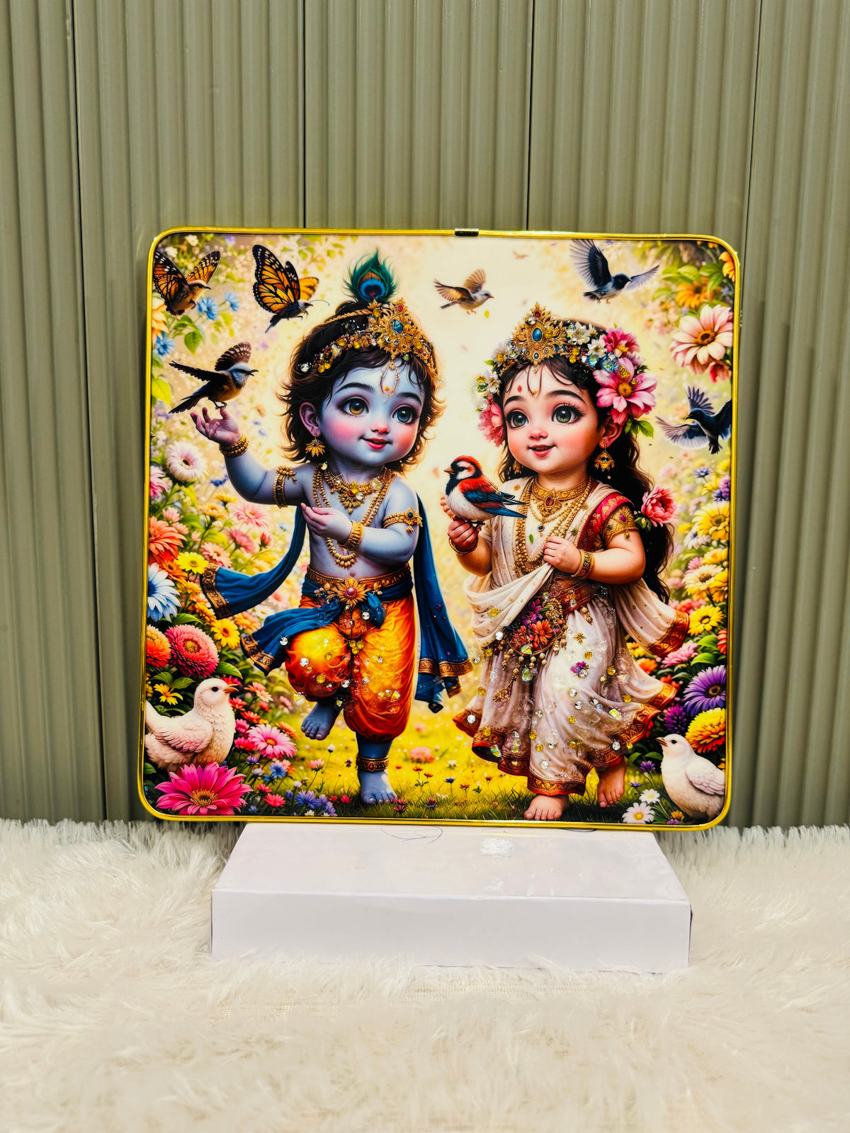 Square crystal embedded Radha Krishna garden wall painting with birds