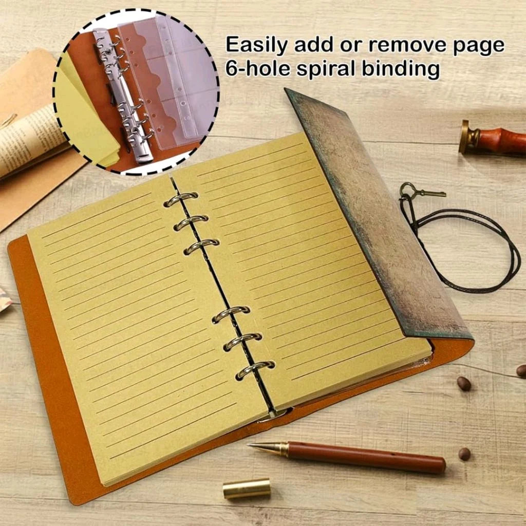 Journal opened flat showing six-ring binding for adding or removing pages