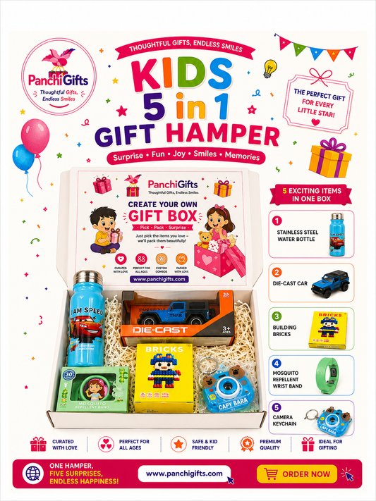 Kids 5 in 1 gift hamper poster with steel bottle, die-cast car and building bricks