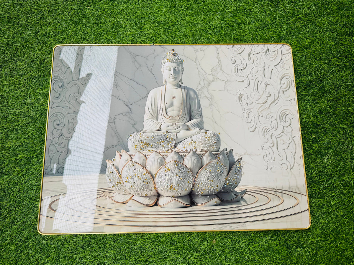 Crystal embedded Buddha on lotus wall painting laid on grass