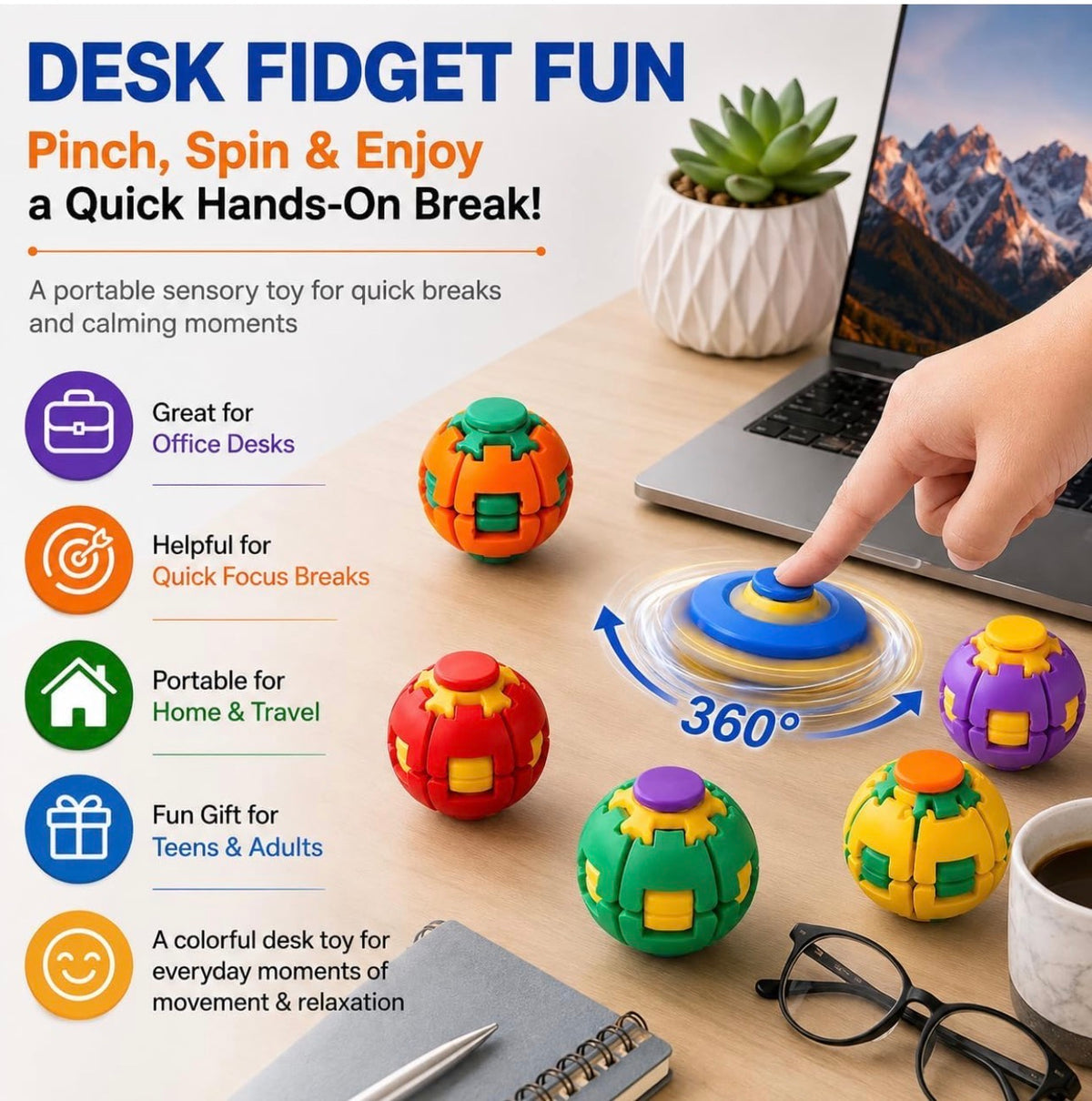 Press to Spin Hand Spinner Stress Ball – Sensory Fidget Toy | Press & Spin Stress Relief Toy for Kids & Adults | Fun Handheld Fidget Gadget
