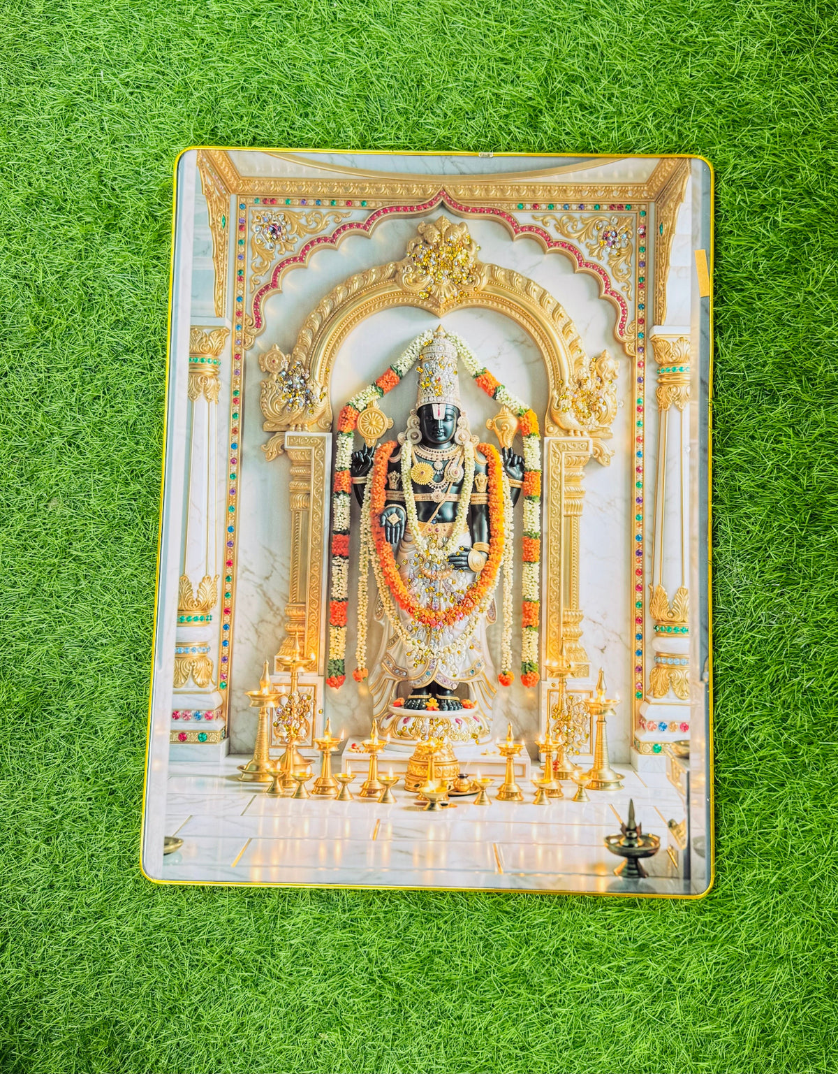 Large crystal embedded Tirupati Balaji marble temple wall painting