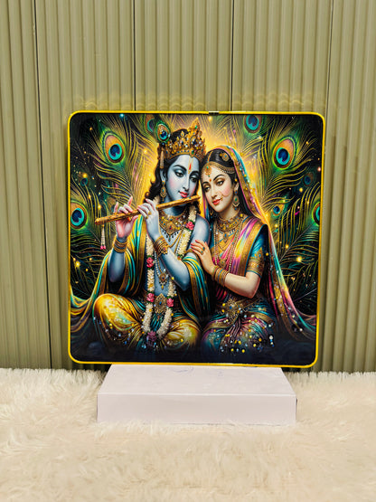 Square crystal embedded Radha Krishna flute scene with peacock feathers
