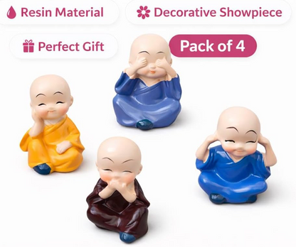 4 Little Monk Statue Set – Think, See, Speak & Hear No Evil | Cute Resin Figurines for Home, Office & Car Decor